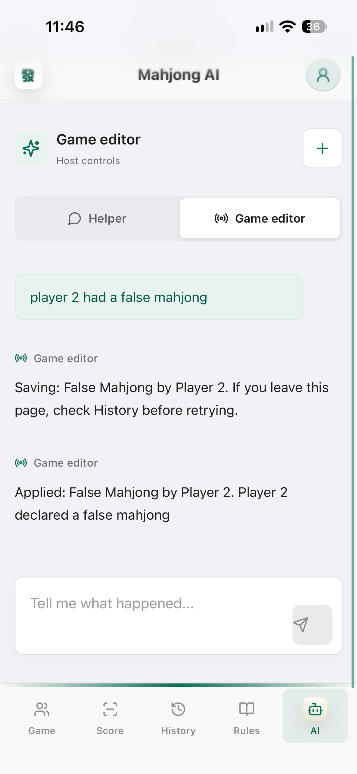 AI Game Editor conversation recording a false Mahjong adjustment